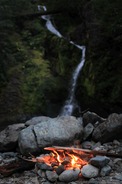 naturepunk:  Waterfall and Campfire. Opal Creek Wilderness, Mt. Hood National Forest, Oregon. Images and GIF created by NaturePunk.  