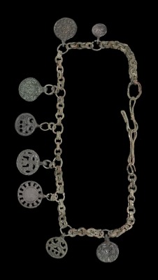 archaicwonder: Viking Chain Necklace with Pendants, 9th-12th Century AD A bronze double ring linked chain with eight pendants, four in silver, consisting of one with pseudo-Islamic inscription; two with conjoined pelta pattern to the center and with pelta