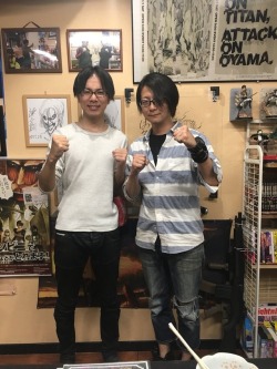 snknews: Isayama Hajime Visits Local Anime Store Ota-Base (Again) After his previous publicized visit on March 2nd, 2018, Isayama Hajime has returned to the Hita city anime store Ota-Base again! A few photos of Isayama doing SnK-relevant poses alongside