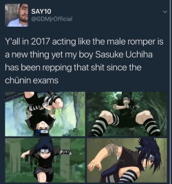 mrelisha26:  soft-tchalla:  ollyander:   Okay but remember who did it first…Can my guy get the recognition he deserves? smh(He looks better in it anyway)   gaara been out here rocking the romper before even sasuke dont yall ever forget  with a fishnet