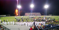 carryonto221bmywaywardhomestuck:  kittenesque:  inothernews:  Lightning struck a tree just behind the rafters at a high school football game in Florida.  Then, as Deadspin writes, &ldquo;The football team scurries for cover. The band plays on.&rdquo;