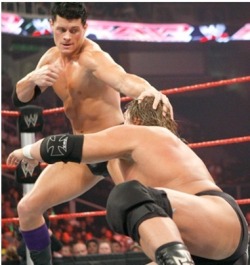 rwfan11:  Cody Rhodes bulge, HHH booty! …….WIN-WIN in this shot! :-)  Perfect view of Cody&rsquo;s cock head!  O.O