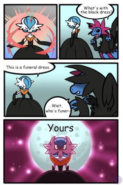 pokemon-i-choose-you:  bokumoulises:  The reason why Shiny Mega Gardevoir has a black dress  kiss-kiss-togekiss