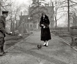 Lois Hoover and her pig go out for a stroll in Washington, D.C. That is the chauffeur holding the bottle, 1925.