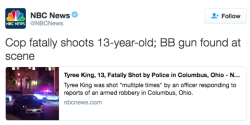 the-movemnt:  13-year-old Tyree King shot and killed by Ohio police A Columbus, Ohio, police officer shot and killed a 13-year-old boy, identified as Tyree King. The officer was attempting to detain King on Wednesday night in connection to a robbery,