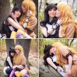 Genuinely giddy from the photos that @robbinsstudios got back to me from my shoot with @elegantvalkyrie ❤️ here&rsquo;s a little preview! #bumbeebee #rwby #rwbycosplay #blakebelladonna #yangxiaolong #couplecosplay #roosterteeth