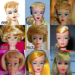 older-and-far-away:  yousyouk:  tenaflyviper:  I was curious as to exactly how Barbie’s face has changed across the 56-year span she’s been around.Personally, I think the molds they used from 1987-1995 are the cutest, but then I was still a little