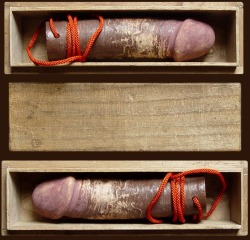 shungagallerycom:The harigata is an artificial penis usually made of leather, and at times a strap-on made from papier mache, horn, ivory or tortoiseshell. The geisha in Old Edo (1618-1868) enjoyed solitary pleasure with such a life-like dildo inserting
