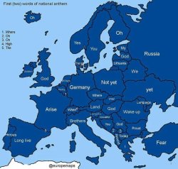 thefuckisabook:  the-crimes-of-immoral-gays:  sourdoughnibblers:  prettykikimora:  mapsontheweb:  The beginning of each European anthem.  Every other country: hows about a normal national anthem? Usual stuff, horns, chorus of people singing Romania: WAKE