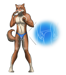 This shiba’s wearing a speedo stitched with fibers that allow for someone else to grope them. Whenever the other party gropes himself, the wearer feels it too. Not to mention the heightened sensitivityXD