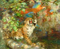 art-and-things-of-beauty:  Tor Falcon  (1860-1942) - “Just Missed”, a Jaguar and Macaws on the bank of the Orinoco, oil on canvas, 126,2 x 154,6 cm.  