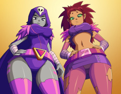 ravenravenraven: Did this for someone who requested Raven and Starfire wearing the outfits from that one episode in Teen Titans Go.