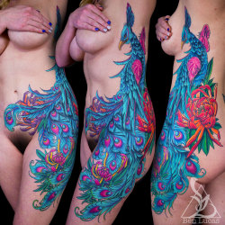 1337tattoos:  Peacock and Chrysanthemums Side Tattoo ideas for women Done by Ben Lucas at Eye of Jade Tattoo in Chico, CA, U.S.A. instagram.com/ben_lucas_ benlucas76.tumblr.com ben@eyeofjadetattoo.com  submitted by http://ben-lucas-tattooer.tumblr.com