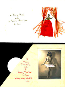 Vintage 40’s-era hand-made Christmas Cards from legendary fan dancer: Noel Toy.. She&rsquo;s personalized both with handwritten sentiments; but still seems undecided on whether sobriety is a good thing or a bad thing?..