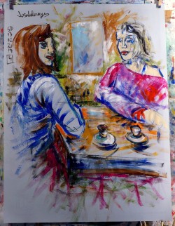 josedelosreyes:  peintre-stephane:josedelosreyes catched a table conversation…  then i catched it with my colors   :) Here is @kyotocat and the bartender at Amnesia in San Francisco painted by @peintre-stephane. Was this before or after the round