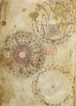 Three circular diagrams, the central of which is a table in red and black, likely for determining the date of Easter. The lower diagram appears unfinished, while the upper circle contains a line drawing in brown of two Franciscan friars and an angel (Lond