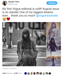 blackness-by-your-side:  That’s stupid that black women were not on all covers of fashion magazines for decades! They were not shown on TV and so on. Black girls are stunning! Just look at Duckie Thot. She’s goddess! photographer 
