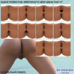 SFD has created 10 quick pose/shape presets for 3feetwolf&rsquo;s great New Genitalia for V7! Use them as ready to go presets or as base for further adjustments. Make sure you have Daz Studio 4.8 and 3feetwolf’s New Genitalia before purchase! This item