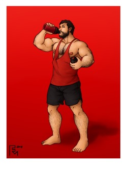 gigaartbyothers: Ash found a note in his locker at the gym. â€œLocker 34. 26-50-4. Best bulking formula youâ€™ll ever get. No bull!â€ Curious, he opened the locker to find a thermos. With a shrug, he chugged it down.  Ash looked on in amazement. Like