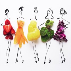 wnq-writers:  culturenlifestyle:Fashion Illustrations Use Colorful FoodsArtist Gretchen Röehrs composes ingenious fashion illustrations by models’ silhouette’s and couture garments with colorful food items. The foods are manipulated by placing them