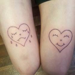 Thanks for coming in! Design by customer.  #tattoo #apprentice #apprenticetattoo #happy #sad #hearts #linework  (at Raven&rsquo;s Eye Ink)