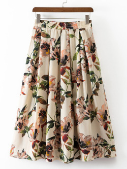 dailywomenfashions:  Multicolor Elastic Waist Flowers Print Pleated Skirt 