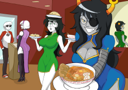 planetofjunk:  Here’s the September Consensus Poll Picture funded by Patreon featuring Rose, Jade, Vriska, and Nepeta in cheongsams.  Probably the toughest part to draw was the food, though! 