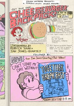 Coming this Monday at 8! TWO new Steven Universe episodes!!!! Cheeseburger Backpack and Together Breakfast! Supervising Director Ian Jones-Quartey says:  Coming this Monday, two new episodes! This is some of the earliest stuff I did for the show- We