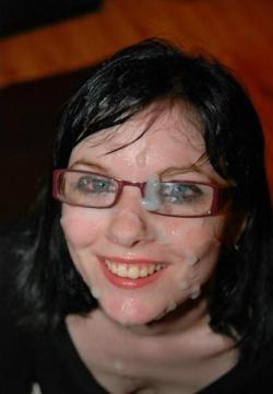 britishbukkake:  Jessica Lo red-eyed, cum splattered and wearing glasses that are wrecked with jizz.