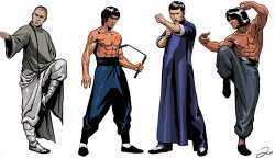 taichiclothinguniforms:  Jet Li, Bruce Lee, Donnie Yen, Jackie Chan, the most famous martial arts movie actors in China.  Their respective martial arts have characteristic and feature. Such as, These are their classic starting fighting actions.  tai