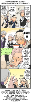 jokerthebutler:  With your skill as a member of Ice Tribe, you clung to me and cooled me down by transferring the heat of my fever to yourself…   This comic is done by きだゆー.   Reposted and translated with a permission. Do NOT remove the credit