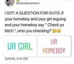 woodmeat:  tubesock:  queenciityconfidential:Why is my homeboy arguing with my girl.  You went to a fast food joint with your girl to get a quick snack. You saw your homeboy in there and everybody started talking. Your girl introduced herself and asked