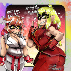 nat2art: Ken and Ryu possessed by Callie and Marie. the squid sisters :3  their bodies got transformed, let’s hope they can still do hadoken.   &lt; |D’‘‘‘