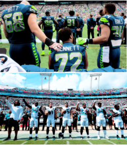 striveforgreatnessss:  Players across NFL kneel or raise their fists during the playing of the national anthem before their games to draw attention to police brutality against minorities and spur conversations about social justice. 