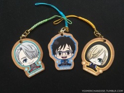 yoimerchandise:  YOI x Canaria Wooden Charms Original Release Date:January 2017 Featured Characters (4 Total):Viktor, Yuuri, Yuri, Makkachin Highlights:The second set of wooden items after the ema, these are original chibi designs for the main trio in