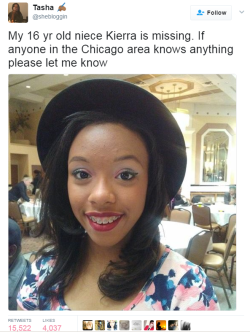 itsonlyforever82: bellaxiao:    She was last seen on 87th and Aberdeen! PLEASE BOOST THE HELL OUT OF THIS!   This is still activehttp://illinois.missing.report/kierra-gardner-chicago/ 