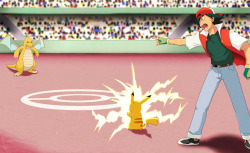 mezasepkmnmaster:                   “Pikachu, use Thunderbolt!”A commission by hollylu-pokeship-art! Ash starting the final round of his battle with Lance as he attempts to take on Dragonite! The climactic battle for the Championship comes to a fever