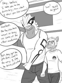 Pokemon Combat Academy - pg 18-19Looks like Headmaster Gordon wants to make up for critically injuring Pawl by giving a tour himself of the campus.  Pawl’s excitement waivers taking a closer look at the current state of the academy.