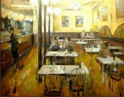 huariqueje:  Café at Barcelona  -     Ernest Descals   Catalan,b.1956- Oil and collage on canvas,  146 x 114 cms.   