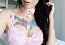 kittensplaypenshop:thespiritualslut:  Playing dress-ups with my adorable treat from Daddy. The tag says Little Princess.  Floral Collar