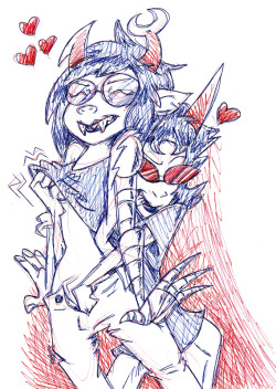 zebits:  Barely draw for weeks then suddenly…Scourge Sisters! They’re red for each other sometimes. ^_^  Well, alright then. *shrug*  This took, like, fifteen minutes. Bic pens on copy paper.