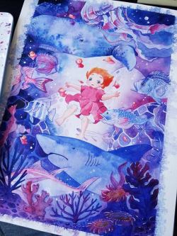 penelopeloveprints:  Here is the complete painting #ponyo ! As you guys can probably tell I like painting fishies and other sea creatures lately, so I decided to make this painting with many fish in the ocean, and who is more perfect than ponyo swimming