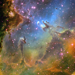 spacestaralien:  The Pillars of Creation, in the Eagle Nebula. Due to their distance to Earth of 7000 light-years, they are still visible from Earth but in reality they may have already been destroyed by a supernova in close vicinity to the nebular format