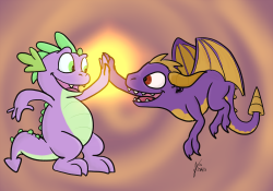 Today&rsquo;s daily draw - Spike the dragon from My Little Pony: Friendship is Magic high-fiving Spyro the Dragon from&hellip;Spyro the Dragon causing a supernova of awesomeness from the sheer radness of two purple dragons high-fiving. But you probably