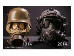 gas-mask-elitists:  Look how far the world has come in 100 years… I absolutely love this picture. German GM-15 on the left and an AVON FM53 on the right.