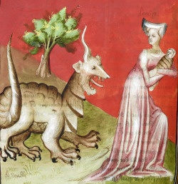 discardingimages:  the Woman and the Dragon (Revelation 12:1-17)Apocalypse with commentary, Paris ca. 1415. NY, Morgan Library &amp; Museum, MS M.133, fol. 39v 
