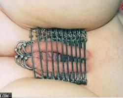 pussymodsgaloreShe has 6 piercings in her outer labia with rings, and then 11 more with safety pins to close her pussy. The latter could be temporary “play piercings”, but I suspect that in fact the safety pins have been carefully inserted through