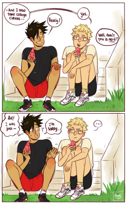 aymmichurros:  pfff i constantly think about Kuroo messing with Tsukishima then getting nervous because what if he offends him again???? he doesn’t want that, he just wants to share some harmless quality humor 