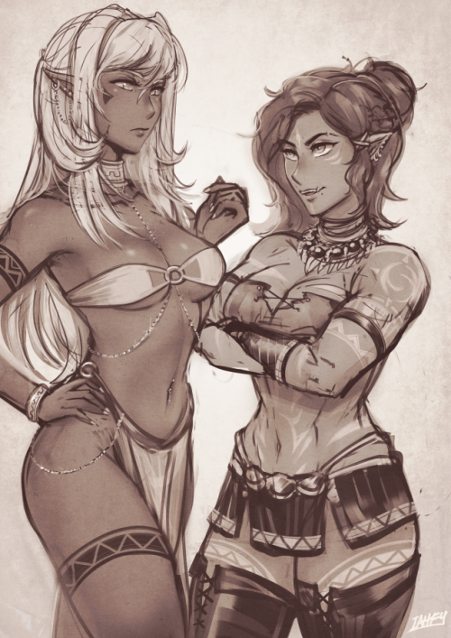   random OCs that I might expand on later alma (elf) &amp; vira (half-orc)  they&rsquo;re probably engaged   