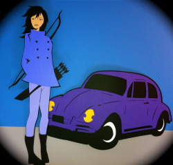 docgold13:  Hawkeye Kate Bishop with the VW Hawkmobile 